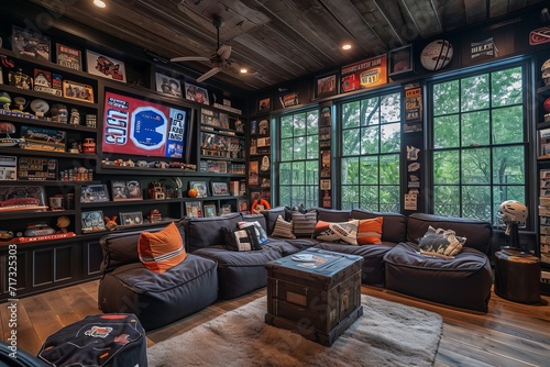 Sports fanatic kids' room with sports-themed decor, shelves of sports memorabilia, and wall art