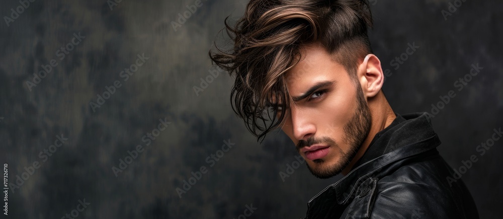 Confident man with stylish hair against dark background - Text space