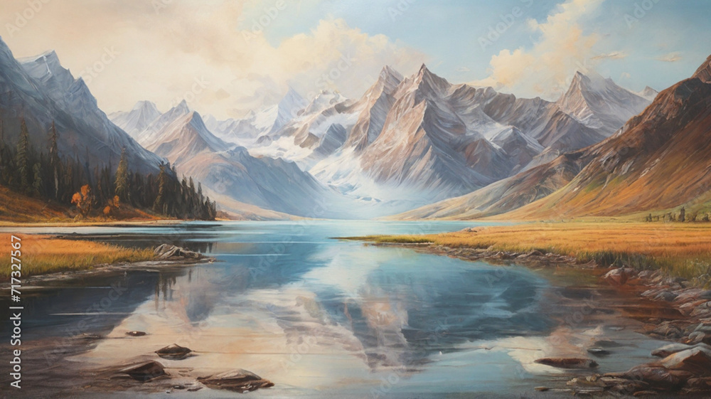 Painting Mountain Lake With Clear Water And Range Snow Green Grass Ai Generated Background