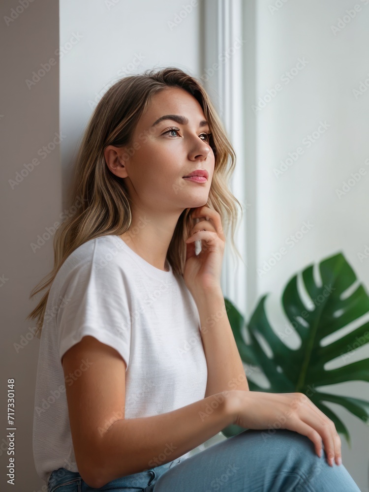 attractive pensive girl looking at viewer attractive pensive girl looking at viewer