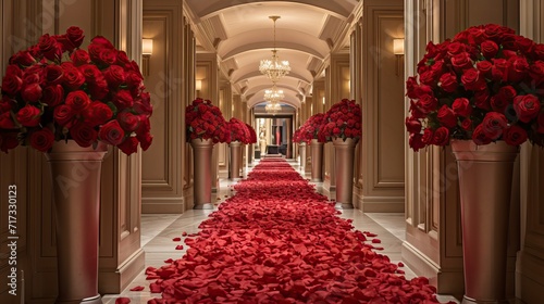 Elegant Corridor Adorned with Vibrant Red Roses photo