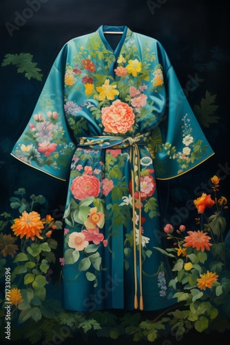 Colorful photorealistic kimono with flowers printed on teal blue background  dark green and magenta, large-scale canvas, cottagepunk, decorative borders © ART IMAGE DOWNLOADS