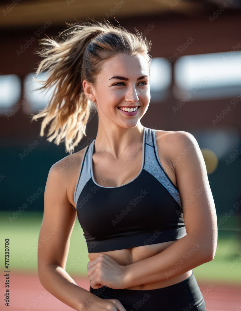 attractive female professional athlete posing at a track field attractive female professional athlete posing at a track field