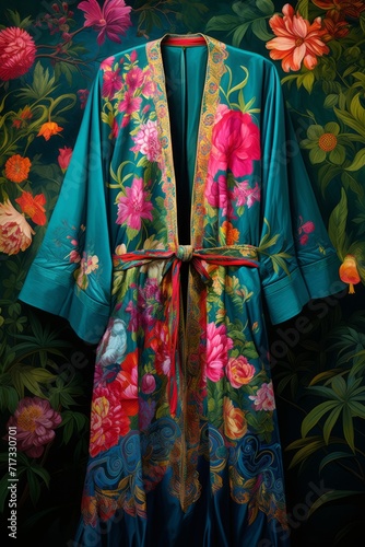 Traditional kimono , colorful photorealistic kimono with flowers printed on teal blue background dark green and magenta, large-scale canvas, cottagepunk, decorative borders
