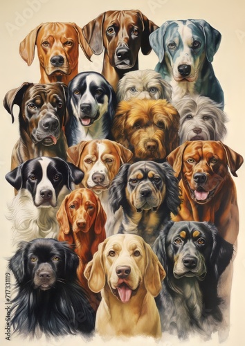 Photorealistic group of different dog breeds staring into the camera  nostalgic illustration style.