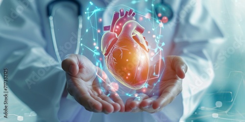 doctor hands holding heart hologram photo