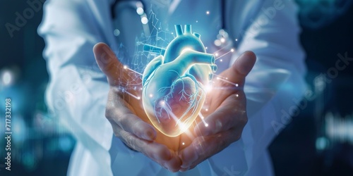 doctor hands holding heart hologram photo