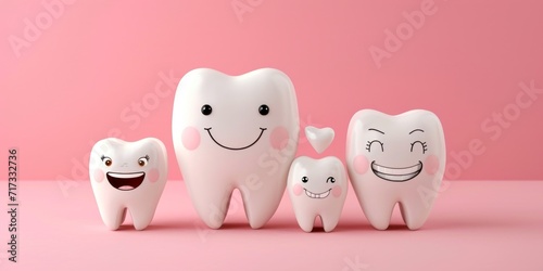 teeth happy family isolated blue background. Smiling tooth with faces photo