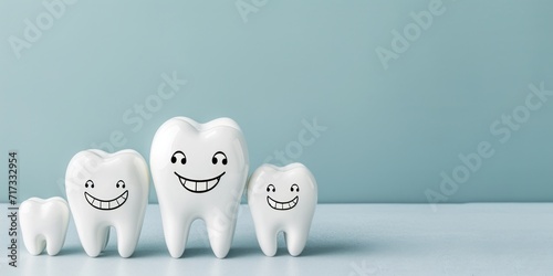 teeth happy family isolated blue background. Smiling tooth with faces photo