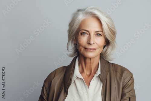 Portrait of mature woman in casual clothes looking at camera while standing against grey background © Iigo