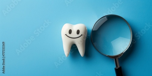 magnifying glass looking at smiling tooth over blue background