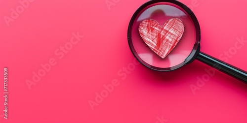 magnifying glass looking at heart over pink background photo