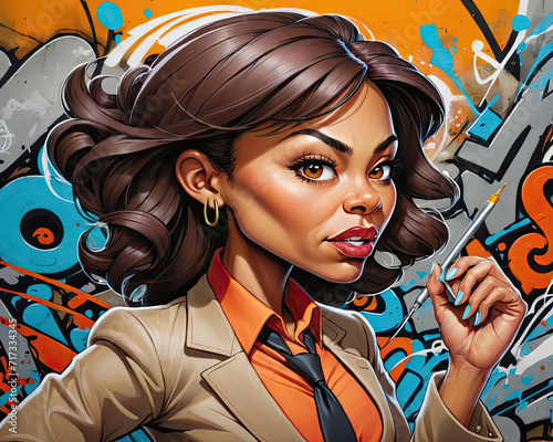 Close-Up Caricature of a Terrible Boss - Bold, Graffiti-Style Illustration of a Micromanaging Mixed-Race Woman Blaming Others Gen AI photo