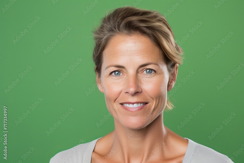 Portrait of a beautiful middle aged woman smiling at the camera against a green background Portrait of a beautiful middle aged woman smiling at the camera against a green background
