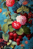 Colorful photorealistic pink and blue flower and fruit print wallpaper,