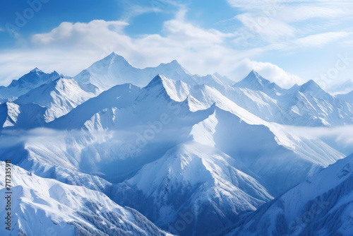 Snow-capped Peaks: Majestic Alpine Landscape with Beautiful Winter Mountains, Blue Sky, and White Snow Slopes