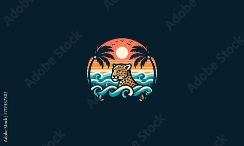 head leopard and palm on beach vector logo design