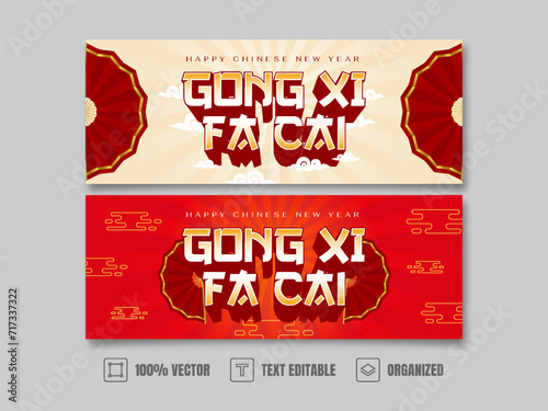 Happy Chinese New Year Gong Xi Fa Cai Banner Design with Text Effect and Red Yellow Gradient Background.