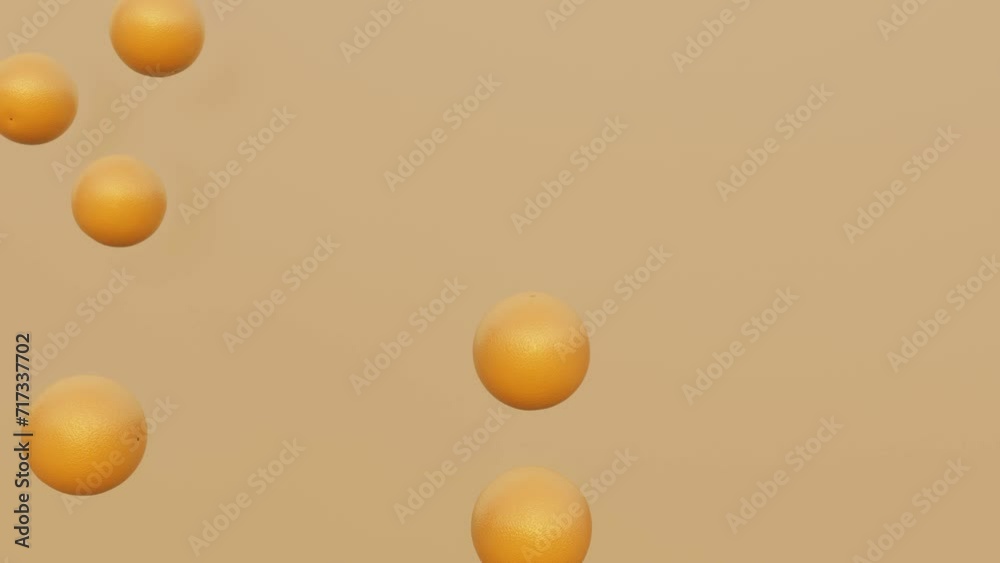 3D render animation. Oranges falling down on orange background. 3D render animation. Oranges falling down on orange background.