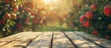 Retro-toned image of wood table in apple orchard with selective focus for product placement.