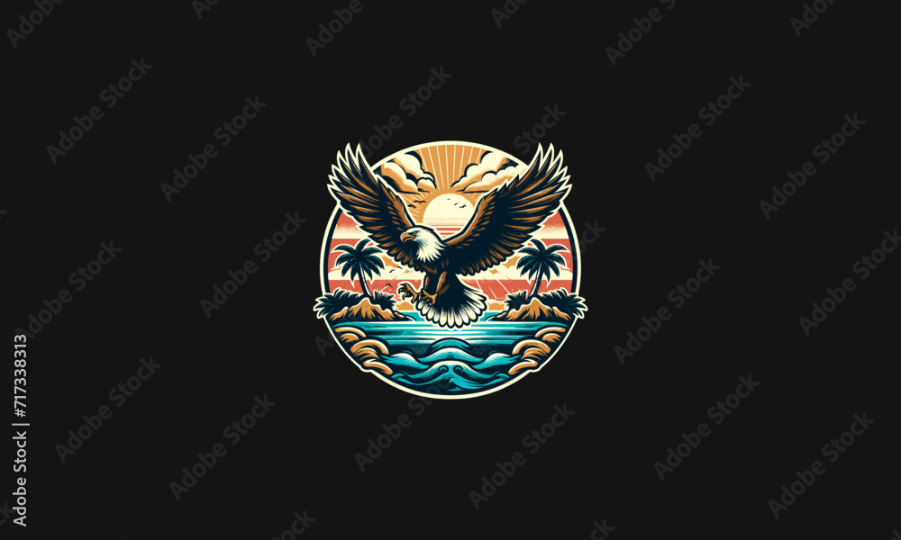 Fototapeta premium flying eagle on sea sunset vector logo design