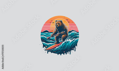 grizzly playing surfing on sea vector flat design