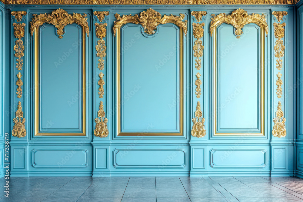 Luxury room interior with golden molding decor and blue wall in vintage style. Classical architecture background mockup.