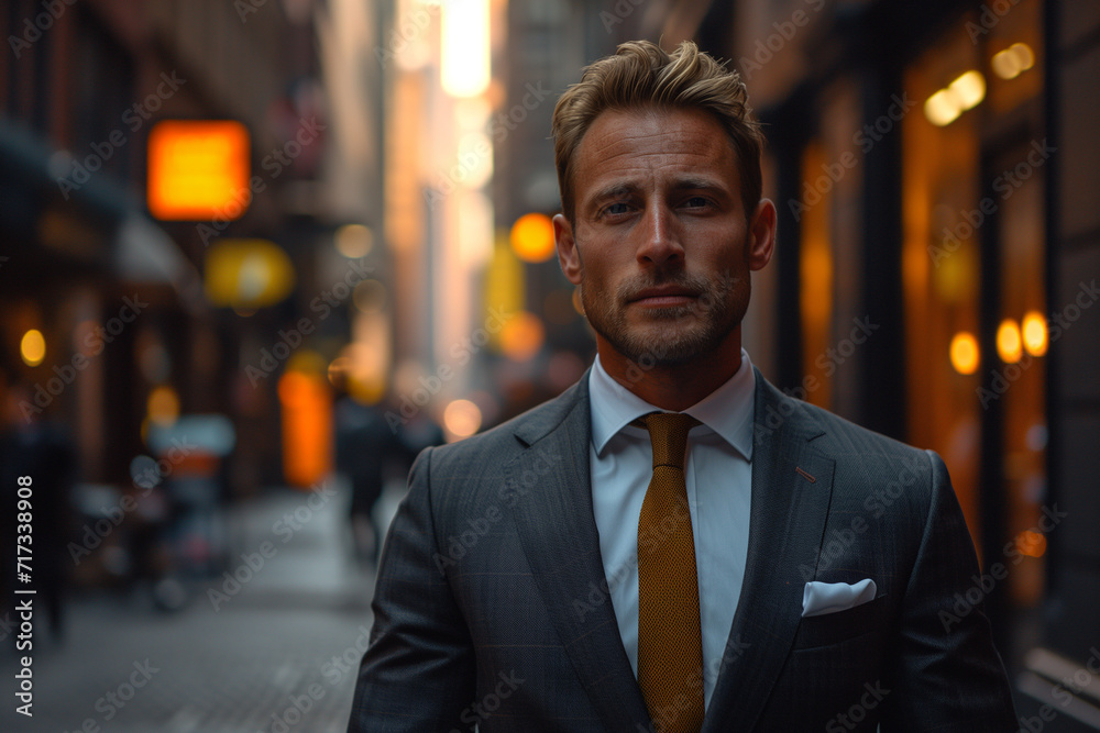 Confident businessman portrait in a busy city