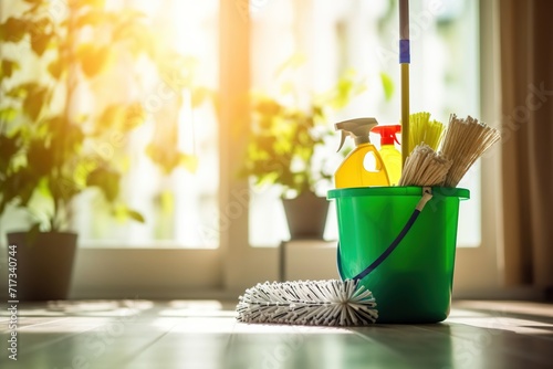 Cleaning products in a bucket  a mop next to it  on the wooden floor  against the background of a large window. The concept of spring cleaning with a copy space.