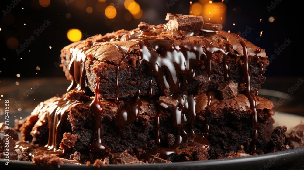 chocolate brownies filled with melted sweet chocolate on black background and blur - obrazy, fototapety, plakaty 