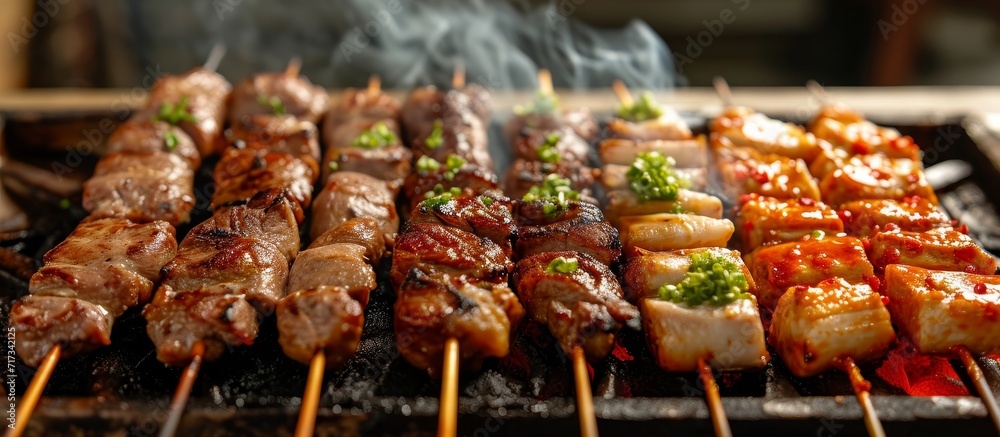 Smoking barbeque with assorted meat on skewers served as a lunch starter.
