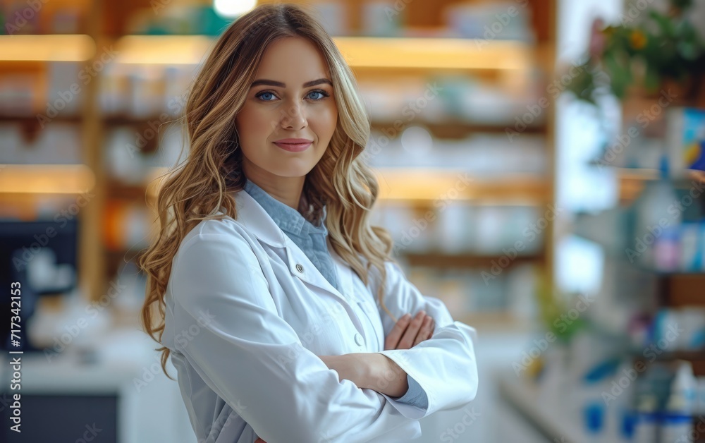 Smiling Female Pharmacist in White Coat