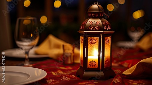 Elegant Lantern on a Patterned Tablecloth