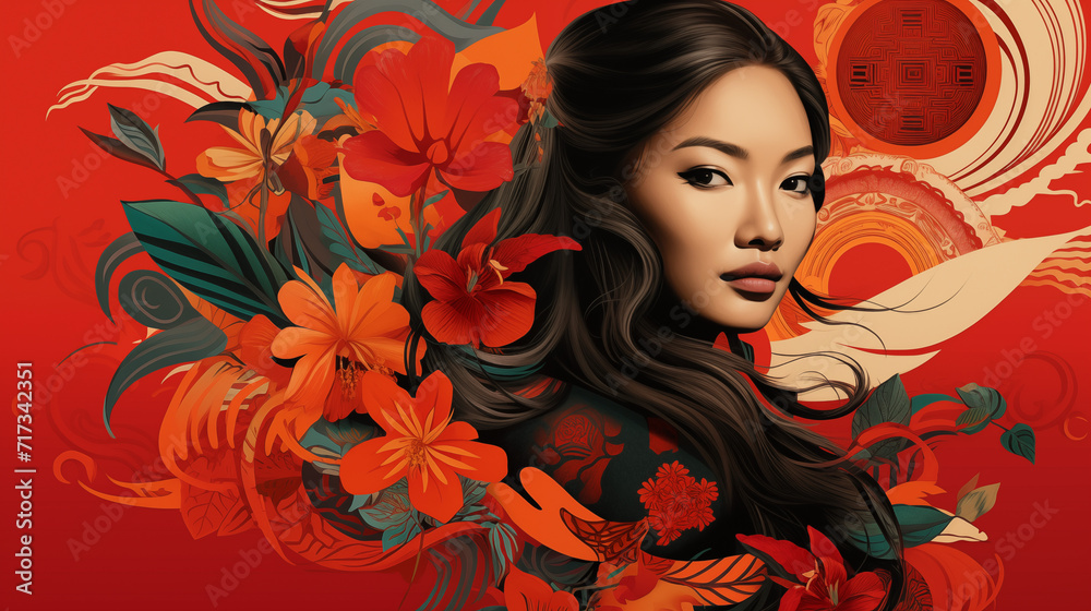 Banner for Asian American and Pacific Islander Heritage month. Beautiful horizontal banner with portrait of the AAPI woman, flowers and text
