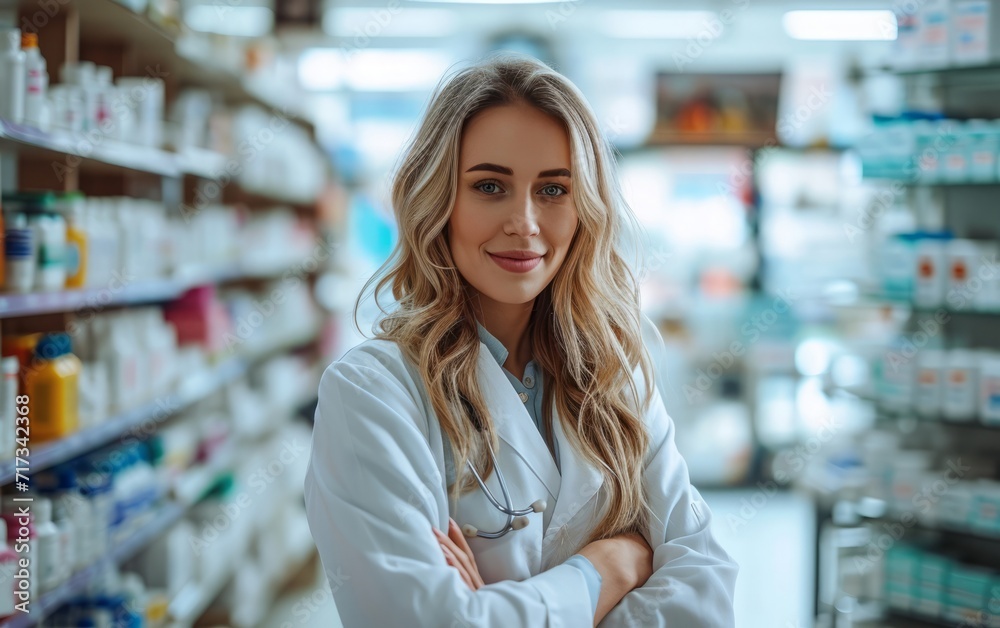 Smiling Female Pharmacist in White Coat