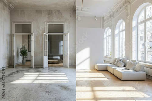 Renovation concept - apartment before and after restoration or refurbishment.