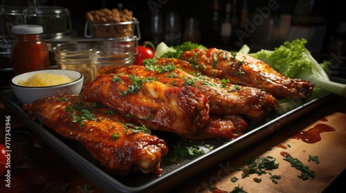 Buffalo wings with melted hot sauce on a wooden table with a blurred background