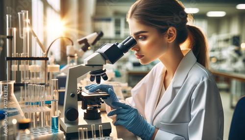 Portrait of woman biochemist using microscope while working on scientific research in laboratory. photo