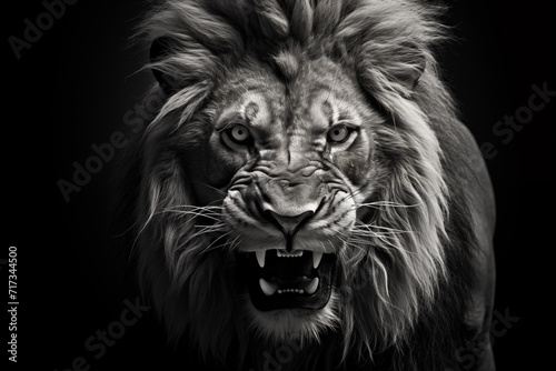 Black and white roaring angry head of lion