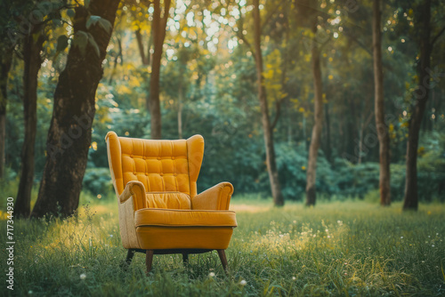 Vintage yellow chair on green grass with trees on background.