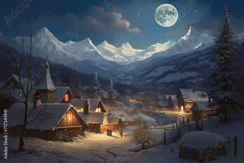 a snowy village painting with full moon, mountains, snow-covered ground, path, and church with light on roof. Generative AI