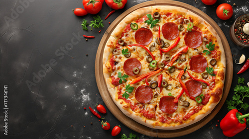 Hot tasty pizza isolated in dark background.