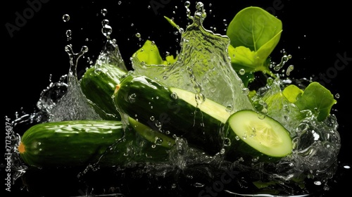 fresh green cucumber splashed with water on black and blurred background © GradPlanet