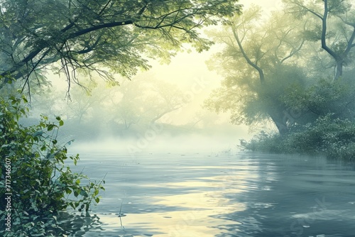 Mystic River at Dawn with Misty Trees