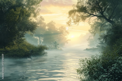 Mystic River at Dawn with Misty Trees