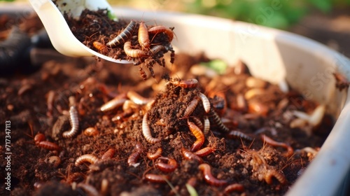 Closeup of tiny insects, like worms and beetles, working hard to break down food ss in a compost pile.