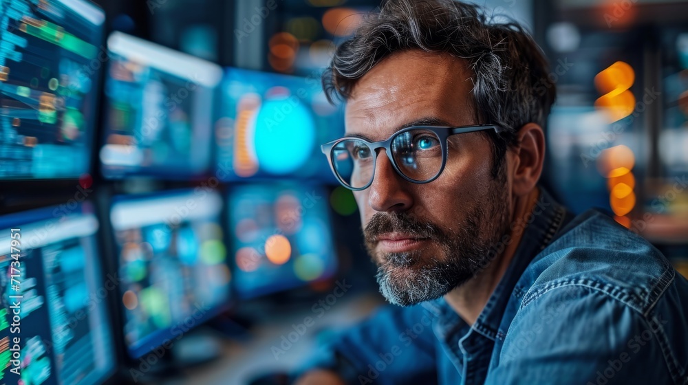 Computer engineer working in a high-tech lab, surrounded by multiple monitors displaying code and circuit designs Computer engineer working in a high-tech lab, surrounded by multiple monitors displaying code and circuit designs