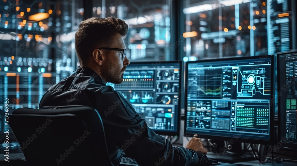 Computer engineer working in a high-tech lab, surrounded by multiple monitors displaying code and circuit designs