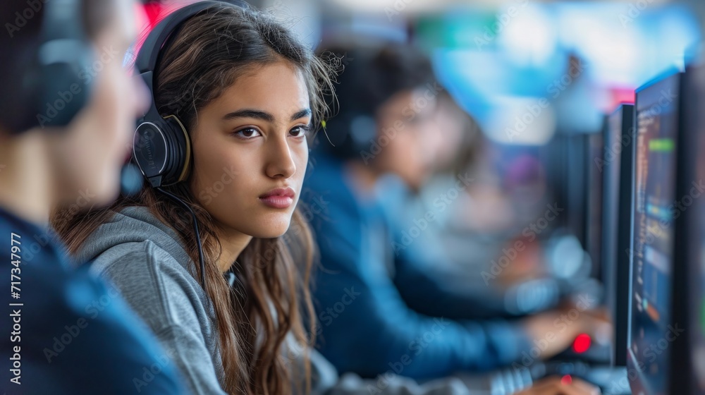 Naklejka premium Computer engineering student learning in a modern university lab