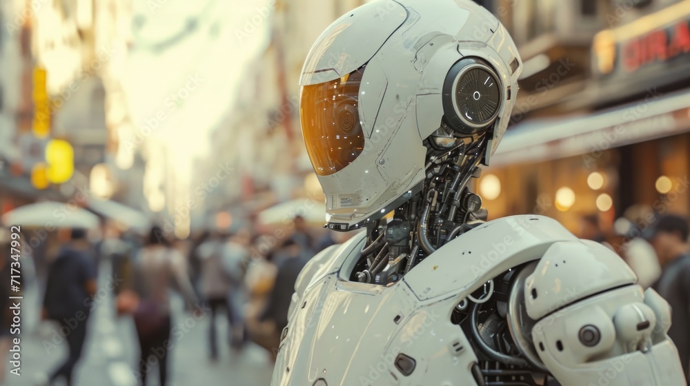 Concept art of an AI robot in a human-like form, interacting with people, blending in seamlessly with society Concept art of an AI robot in a human-like form, interacting with people, blending in seamlessly with society